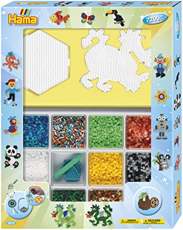 Hama Perlen 3072 Geschenk-Set mit Box mit ca. 7.200 bunten Midi Bügelperlen mit Durchmesser 5 mm, Motivvorlage und 2 Stiftplatten, inkl. Bügelpapier, kreativer Bastelspaß für Groß und Klein