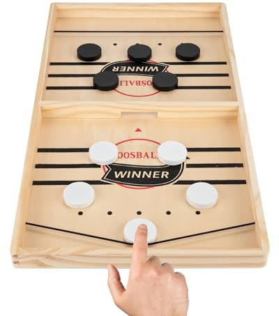 Fast Sling Puck Game, Wooden Air Hockey Board Game with 10 Spare Pucks & 2 Elastic Bands | 2 Player Table Fast-Paced Slingshot Games for Kids & Adults, Fun for Family Night or Friends Party