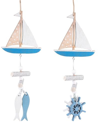 2pcs Mediterranean Wall Ornament Nautical Wooden Boat Hanging Decorations with Fish Ship Steering Wheel Pendant for Summer Beach Marine Coastal Decor