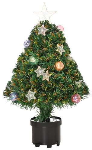 HOMCOM 2FT Pre-lit Artificial Christmas Tree Tabletop Fibre Optic Green | Multicoloured, Xmas Decoration, LED Lights, Pot, Table Desk