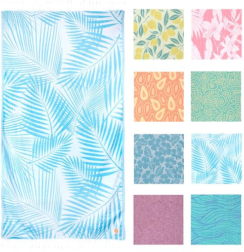 Nova Blue Tropical Turkish Beach Towel (35 x 67) - Extra Large Leave Pattern, 100% Cotton - Packable Travel Towel With Unique Fun Designs