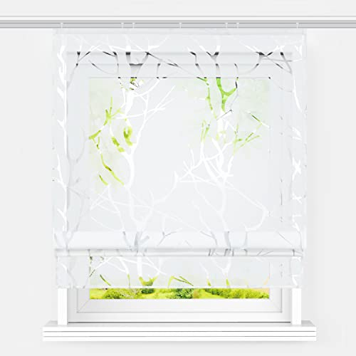 Heichkell Raffrollo mit Klettband Voile Raffgardine Ausbrenner Design Fenster Vorhang Transparent Rollos ohne Bohren Luftiger Gardinenschal Zweige Ausbrenner Weiß BxH 140x140cm