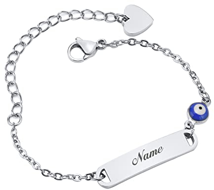 Baby Kind Armband mit Gravur Edelstahl Personalisierte Armbänder Tochter|Gravierbare Kinderarmkette|Taufarmband Junge Mädel| Böser Blick Charme Name Babyarmband Taufgeschenke（Silber）