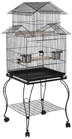 Abician Cage Oiseaux sur Pied avec Toiture Triple-A Cage sur roulettes avec Support Détachable 59 x 59 x 139,5 cm