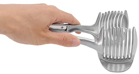 Onion Slicer, Multipurpose Handheld Round Fruit Tongs Aluminium Alloy Onion Holder Tomato Slicer Lemon Cutter Easy Slicing Kiwi Fruits and Vegetable Tools Kitchen Cutting Aid Gadgets