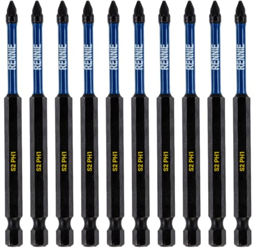 10 x Rennie Tools 100mm Long PH1 Impact Screwdriver Driver Bits Set | Magnetic Phillips No.1 Heavy Duty Impact Driver Bit Set. Extra Long PH1 Bits. Hex Shank, Cross Head. Black Oxide Coated