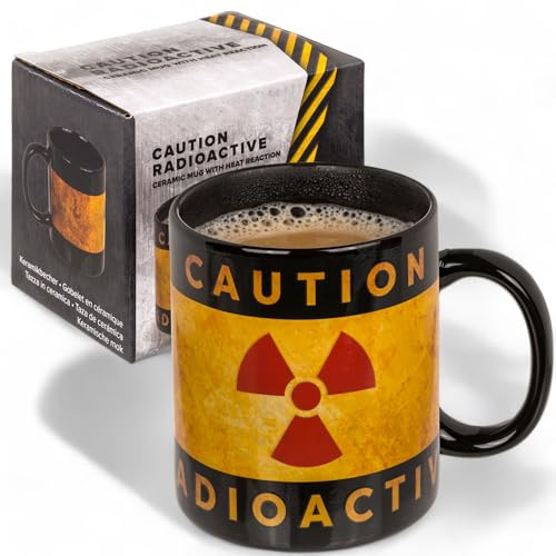 MIJOMA Taza de café con efecto térmico nuclear de loza – Taza sensible al calor 300 ml – Taza con asa con símbolo de advertencia para café, té e ideas de regalo