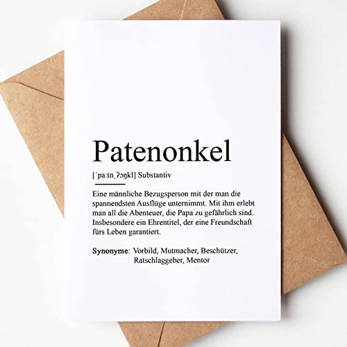 KAMEWI® Grußkarte PATENONKEL Definition | Klappkarte mit Briefumschlag aus Kraftpapier | Verkündung Geschenk Ankündigung Baby Schwangerschaft Vorfreude Taufpatin Patin Bedanken Taufe