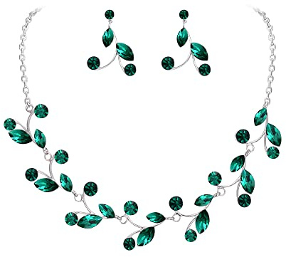 Clearine Damen Schmuckset Strass Kristall Marquise-Schnitt Blatt Anhänger Halskette und Ohrringe Schmuck Set für Hochzeit Braut Party Smaragd-Grün Silber-Tone