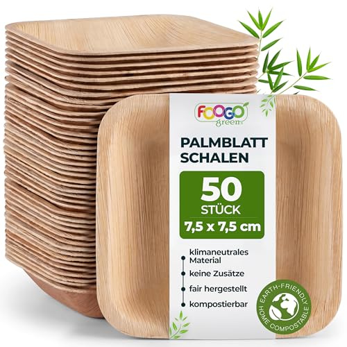 FOOGO Green 50x Palmblatt Schalen eckig 50 ml 7,5x7,5 cm – kompostierbar & naturbelassen – extra stabil & fettresistent – nachhaltiges Einweggeschirr für Party & Catering