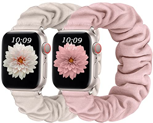 CeMiKa 2pack Bracelets Compatible avec Bracelet Apple Watch 38mm 40mm 41mm, Elastique Ajustable Scrunchie Bande pour iWatch Bracelet Series 9 8 7 6 5 4 3 2 1 SE, Femmes Hommes, Lumière stellaire/Rose