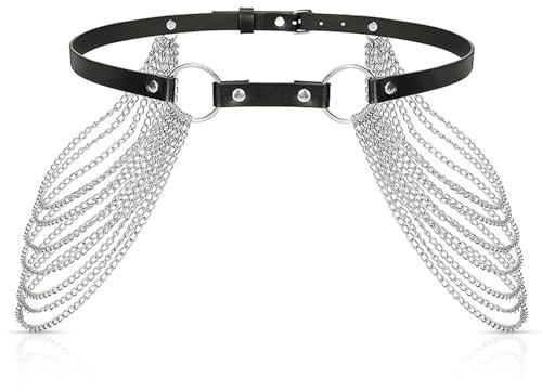 KWJEIULSOQ Punk Leder Körperkette Rave Outfit Damen Sexy Taille Gürtel Silber Bauchkette Taillenkette, Kettengürtel Waist Chain Hüftkette Punk Hosenkette Bauchgürtel(Schwarz Taillenkette)