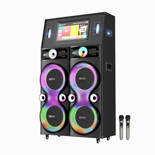 Dolphin Karaoke Machine with Screen – Karaokebox 4120: Quad 12 Big Karaoke Machine, 18.5 Touchscreen Lyrics Display, WiFi, Bluetooth Speakers, 2 UHF Wireless Mics, Powerful Sound System & Deep Bass