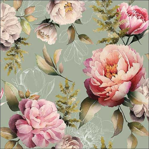 Ambiente - 20 Papierservietten, Blumen, Pivoine, 33 cm, Grün