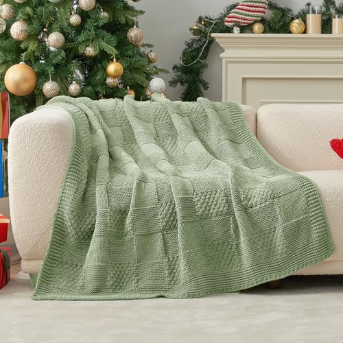 Amélie Home Knit Throw Blanket, Soft Chenille Cozy Breathable Checkered Chunky Decorative Blanket for Couch, Bed & Sofa, French-Inspired Lightweight Warm Gift for Women, Sage Green, 50x60