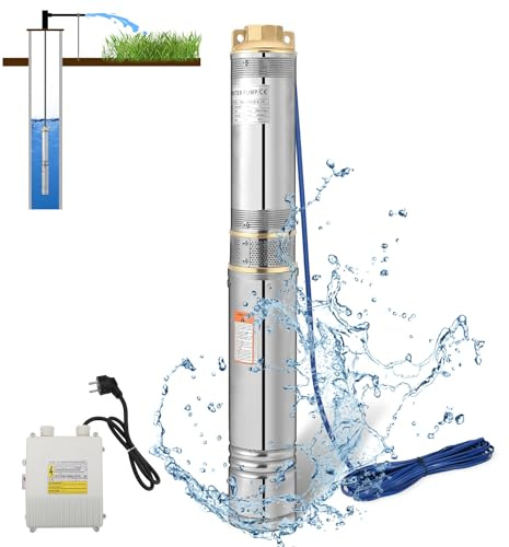 Herrselsam Pompe à puits profonds, 750W 4000L/h Pompe Submersible en Acier, Pompe à Eau Immergée Compatible Sable avec Câble de Raccordement et Boîte de Commande, 6,7 bar max