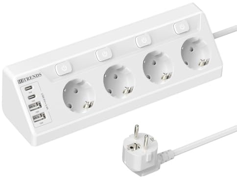 Multiprise d'Angle de Cuisine 4 Prises Avec 2 Ports USB C, Prise de Table, Montage Mural, Interrupteur, 2 m, Blanc