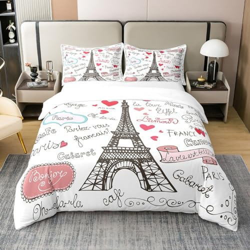 Loussiesd Paris Bettbezug Set Eiffelturm Gedruckt Bettwäsche Set 135x200cm 100% Baumwolle für Kinder Jungen Mädchen Romantische Zeit In Paris Betten Set Frankreich Style 2St
