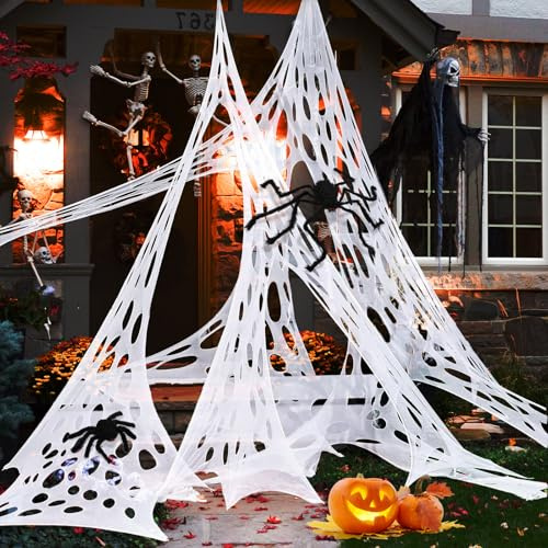 Auauraintt Halloween Deko Spinnennetz Groß, Halloween Spinnweben Dehnbar Bringen Sie 2 Realistische Spinnen und 10 Geschliffene Nägel,für Halloween Party Garten Spukhaus Hof Decoration(600CM x 100CM)
