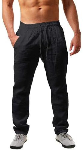 NEMXCE Leinenhose Herren Lang Leichte Sommerhose Herren Loose Fit Freizeithose mit Taschen Kordelzug für Urlaub Strand Yoga Alltag