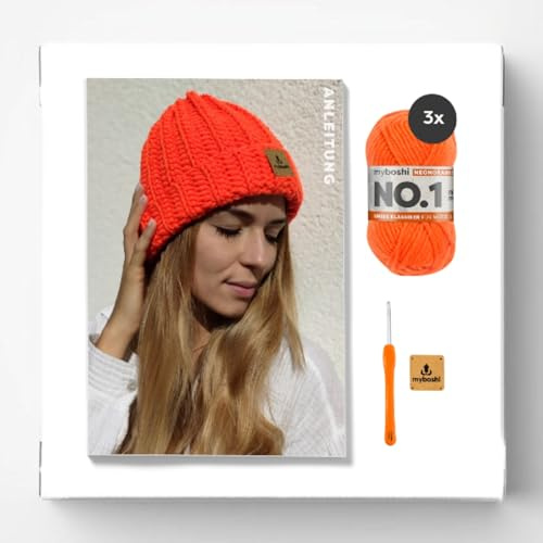 myboshi Häkelset Wintermütze Kanuma, inkl. No.1 Wolle, Nadel und Anleitung, Häkelpaket für Anfänger, 30% Merinowolle Neonorange mit Häkelnadel