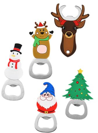 BEBEMOKO 5pcs Christmas Party Bottle Openers Set Stainless Steel Portable Beer Opener Xmas Home Accessory Snowman Santa Bear Reindeer Heads