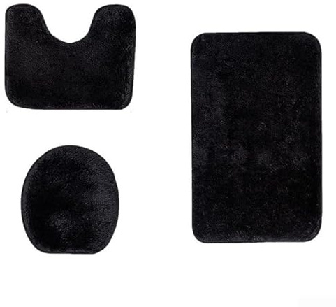 Weiches Mikrofaser-Badezimmerteppich-Set, 3-teilig, Badematte + Konturmatte + Toilettensitzbezug, rutschfester Badezimmerteppich, geeignet für die meisten Toiletten (schwarz)