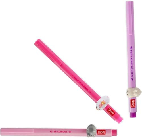 LEGAMI – Gelstift – Lovely Friends, dekoratives Tier, abnehmbar und neu kombinierbar, verhindert Rollen, feine 0,5 mm-Spitze, 3er Set Häschen, Kätzchen und Einhorn (PINK)