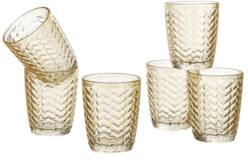 Baroni Home Ensemble de 6 Verres en Verre Décorés avec Finitions en Relief 30 CL, Verres Élégants Lavables au Lave-vaisselle, 8x8x10 cm, Tressage Ambre
