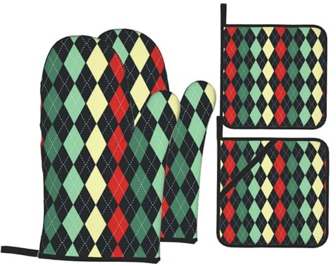 Ofenhandschuhe und Topflappen-Sets mit weihnachtlichem Argyle-Muster, hitzebeständig, Küchen-Backhandschuhe, rutschfeste Oberfläche zum Kochen, Backen, Grillen, Grillen