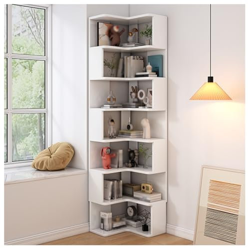 Modern L shaped Bookcase with Baffles Etagere Shelf Storage Rack White 7 tiers