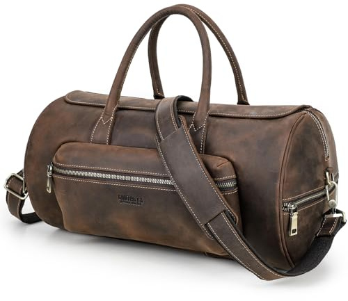 Kontakter duffelväska vintage läder, weekendväska för män kvinnor resehandbagage med axelrem, Brun, vintage