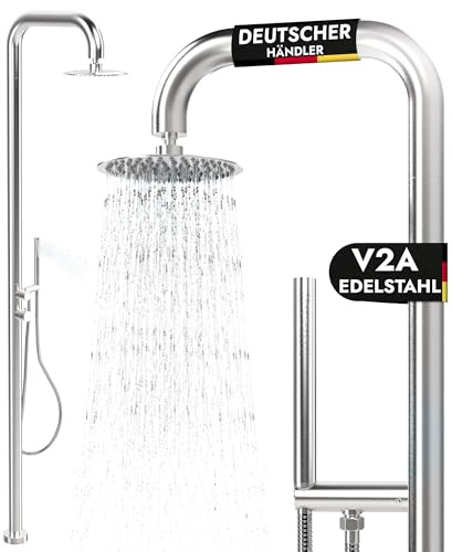 LAWA Living and Lifestyle Douche de Jardin extérieur Eau Froide en Acier Inoxydable V2A I 304 avec douchette à Main Douche de Pluie avec 2 raccords Sauna Piscine hammam (V2A)