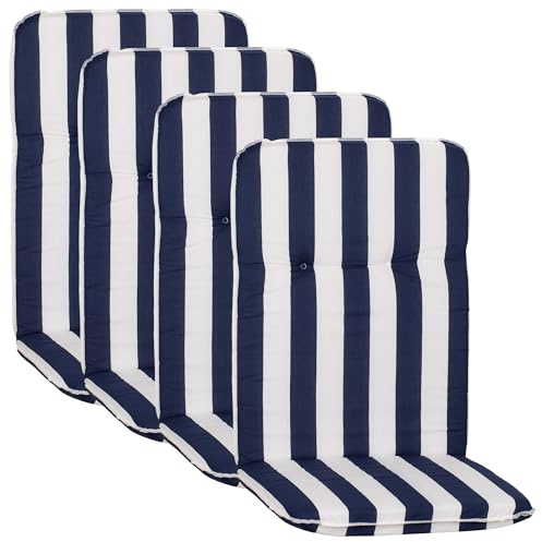 NYVI Hochlehner Auflagen Hawaii 4er Set - 114x47 cm Blau Weiß Gestreift - Gartenmöbel Auflage mit 5 cm Polster und Gummi-Halteband