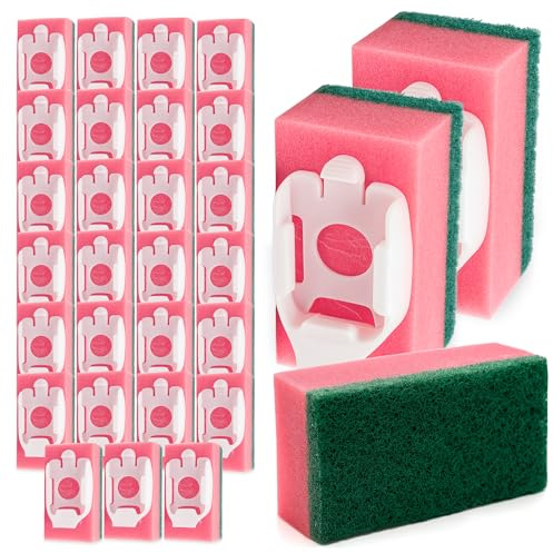 SOL 27 cabezales de repuesto de esponja para cepillo de mango líquido, repuestos de fregado estilo trapeador con estropajo rosa y verde y base de plástico blanco, 3 paquetes de 9 paquetes para