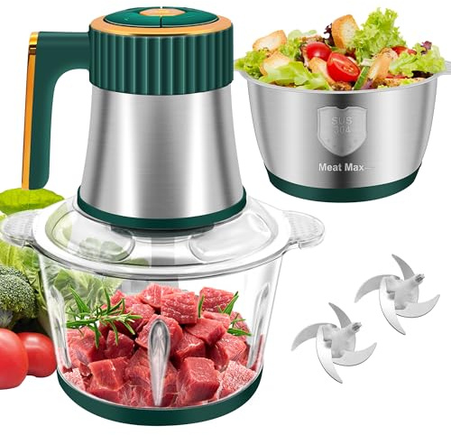 G4S3 Food Processor, 5-Speed Electric Food Chopper, Meat Grinder with 2 Bowls (8 Cup+8 Cup) & 2 Sets of Blades, Meat Processor for Meat, Vegetables, Fruits and Nuts (Green)