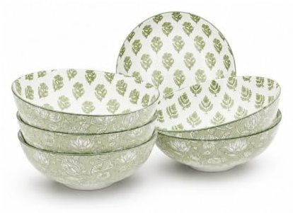 Lot De 6 Assiettes Creuses En Porcelaine, Motifs Végétaux Vert Et Blanc, Ø21 x H7 Cm, Collection Soliman, Style Artisanal Indien, Fabrication Française ACREATION