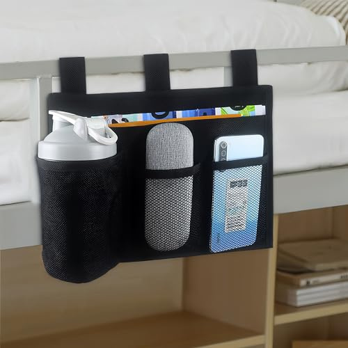 LUWOO Sängförvaring, Caddy, 4 fickor hängande organiserare för våningssängar, sjukhussängar, studentrum, sängskenor med mugghållare, sänghylla för tidskrift, telefon, fjärrkontroll (svart)