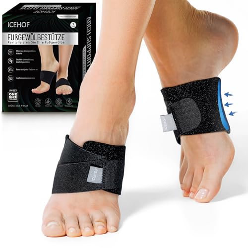 ICEHOF Fußgewölbestütze für Plantarfasziitis & Plattfuß (2 St.) - Verstellbare Mittelfußbandage zur Schmerzlinderung und Unterstützung des Fußgewölbes - Atmungsaktiv - Unisex - Für Sport & Alltag