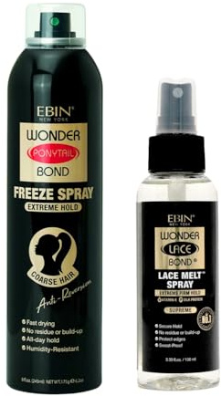 EBIN NEW YORK Melting Spray for Lace Wigs – Wonder Lace Bond Bundle with Wonder Ponytail Bond Freeze Spray - Extreme Hold Strong Hold Styling & Seamless Wig Application – Gift Set (2 Items)