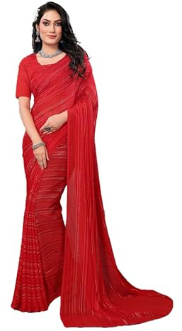 ETHNICMODE sari indio mujer Soft Satin Light Weight Party Red Saris With Unstitched Red Blouse Piece-1110