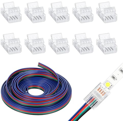 Cable Extensión Tira LED 5M, Kit con 10 Conectores Tira LED 4 Pines, Cable Conector Rápido 12V para Tiras LED RGB de 10mm, Conectores Transparentes sin Soldadura, Adaptador de Cinta de Luz Flexible