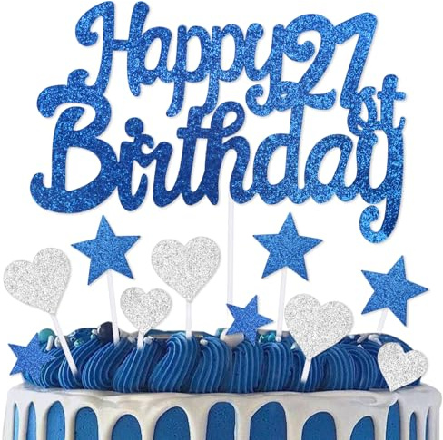 mciskin 21st Birthday Cake Topper,21st Birthday Decorations for Boys Girls,Royal Blue Cake Decorations,Personalised Cupcake Toppers with Heart Star for Girl Boy Women Men Party Supplies