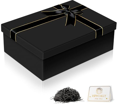 VINATO Caja Regalo Plegable, 25x18x8.5cm, Cajas de Regalo con Tapa, Cinta, Tarjeta de Felicitación y Rafia, para Cumpleaños, Bodas, Aniversarios, Navidad, Negro