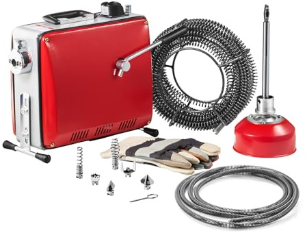 VEVOR Desatascador de Tuberías Eléctrico 390 W 1400 RPM con Cable de Resorte de 12 m x 16 mm, 4,5 m x 16 mm, 8 m x 9,5 mm y 6 Cabezales de Limpieza, Apto para Tuberías de 50 a 110 mm de Diámetro