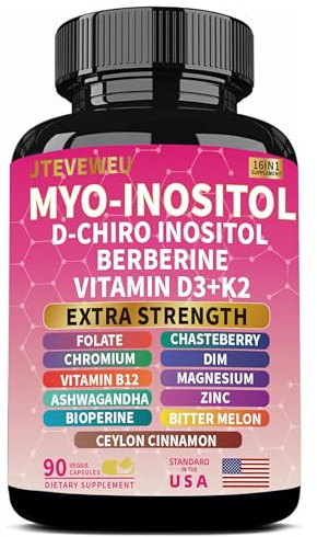 JTEVEweu Myo Inositol Supplement - Women's All-in-One Supplement - with Myo-Inositol, D-Chiro Inositol & 13+ Extra Strength Ingredients -（90 Capsules）