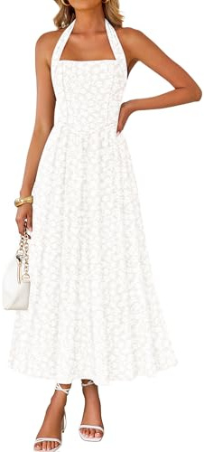 ZESICA Women's Summer Sleeveless Floral Maxi Dresses 2026 Halter Neck Flowy A Line Beach Wedding Guest Party Long Dress White Medium