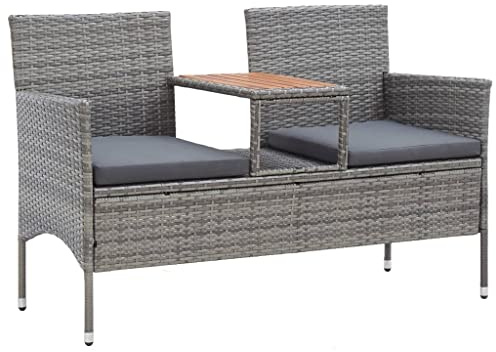 Frdhee Panchina da giardino a 2 posti, con tavolo da tè, 143 cm, in polyrattan, grigio, per giardino d'inverno, terrazza, giardino