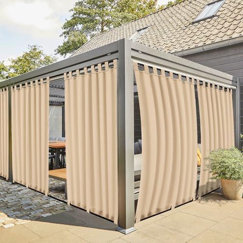 2 Stücke Outdoor Vorhang Wetterfest mit Klett-Schlaufen, Outdoorvorhänge Balkon Vorhang Terrasse Vorhänge Gardinen Sonnenschutz & Sichtschutz Vorhänge mit Schlaufen Unten, H260 x B155 cm, Beige