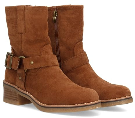 98373 Botin de Tacon para Mujer con Diseno Casual con toques Moteros Gracias a Hebilla Decorativa en el Lateral. Tacon bajo Comodo, Cierre de Cremallera. Ideal Otono Invierno. Camel Talla 37